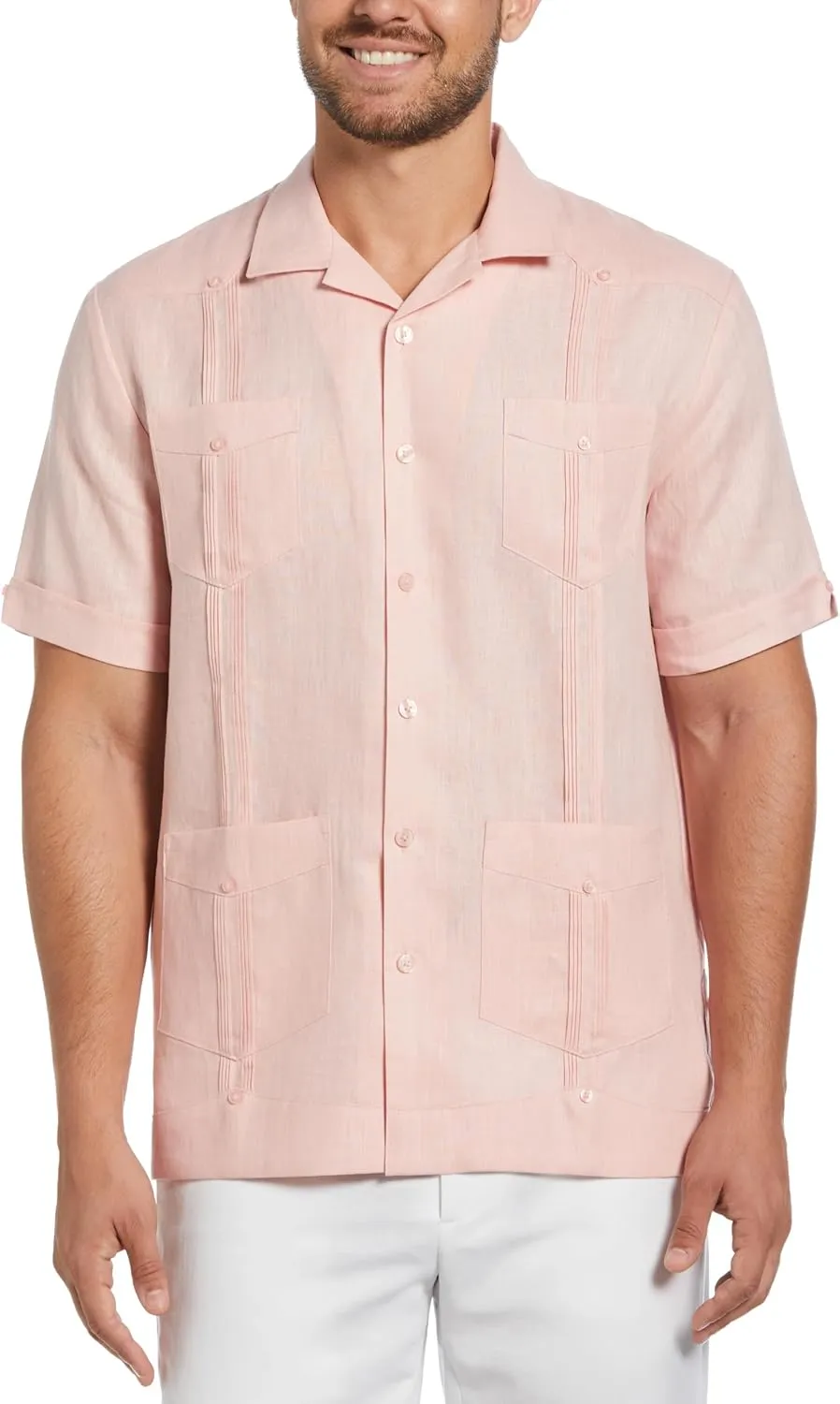 Cubavera Men's 100% Linen Short Sleeve Button-Down Guayabera Shirt, Four Pockets, Camp Collar, Pintuck Detail, Lightweight
