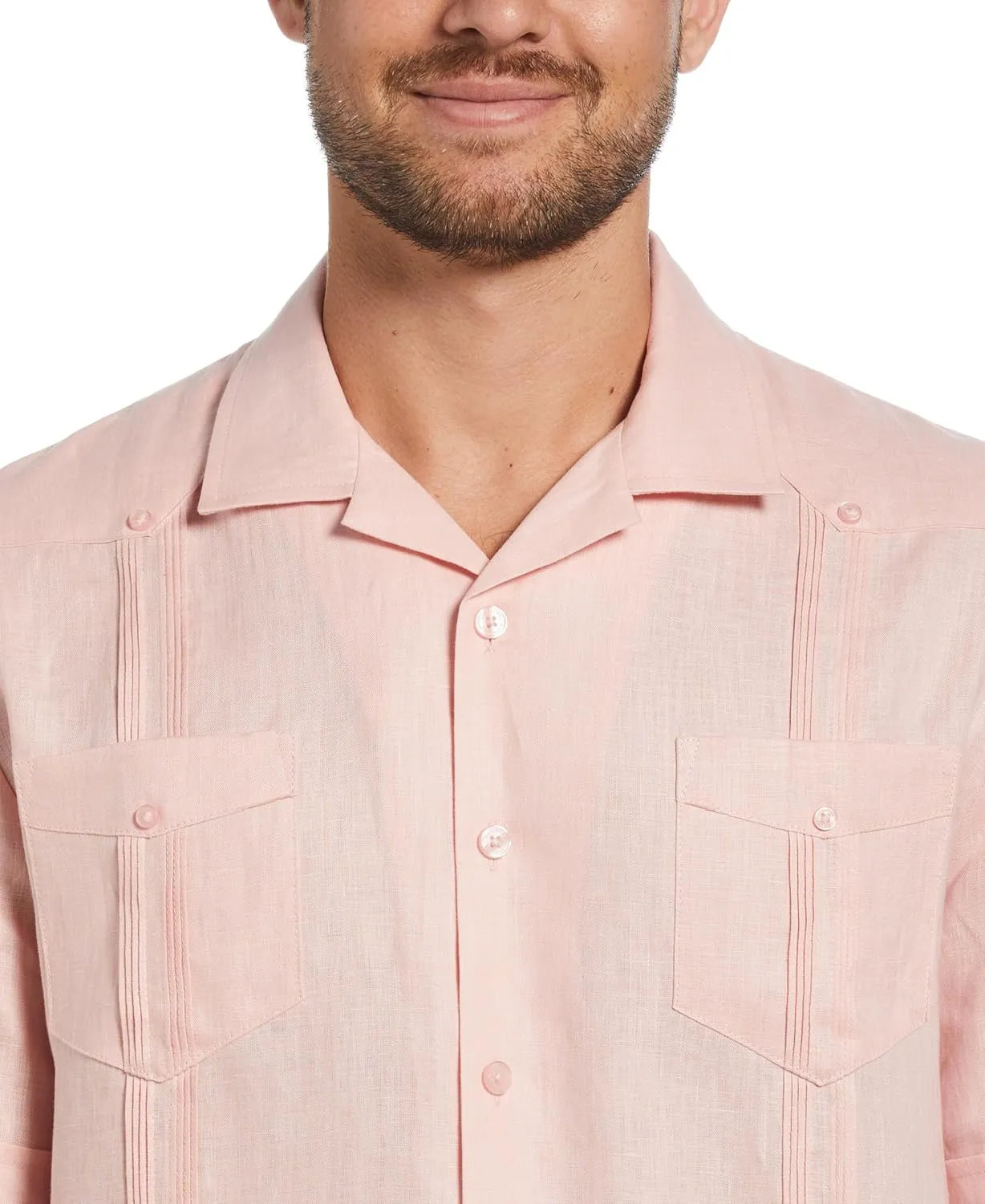 Cubavera Men's 100% Linen Short Sleeve Button-Down Guayabera Shirt, Four Pockets, Camp Collar, Pintuck Detail, Lightweight