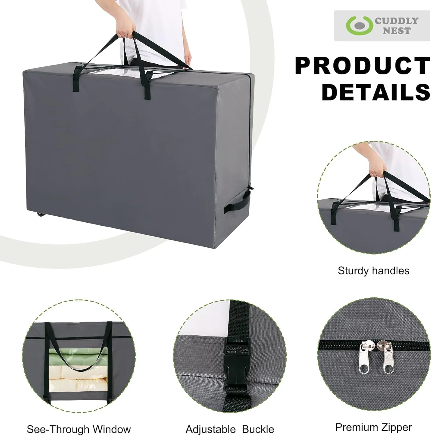 Cuddly Nest Folding Mattress Storage Bag with Wheels & Handles - 900D Heavy Duty Storage Container Fits for 4" King Tri-Fold Mattress,Grey