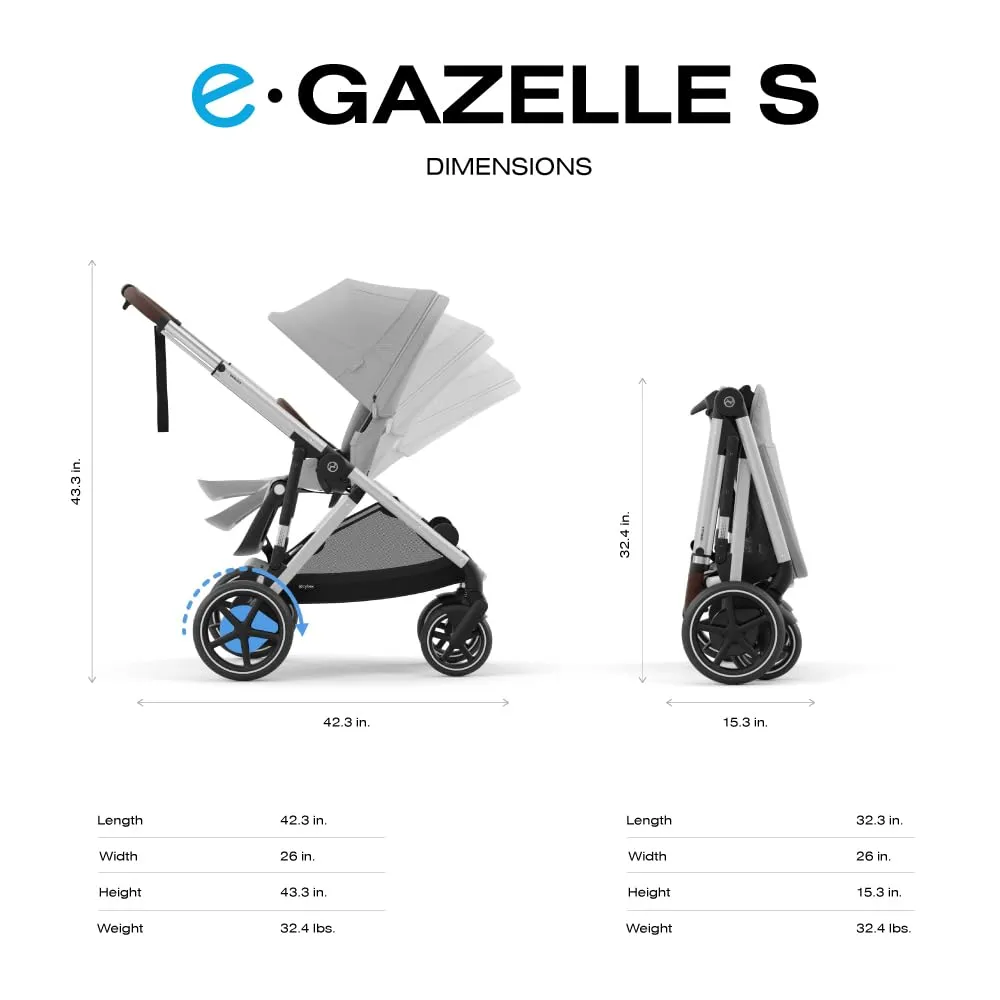 Cybex e-Gazelle S Electronic Assist Stroller – Gazelle S Single-to-Double Electric Stroller, Smart Assist, Rocking Mode, 20  Configurations & Compact Fold, Stone Grey, Silver Frame