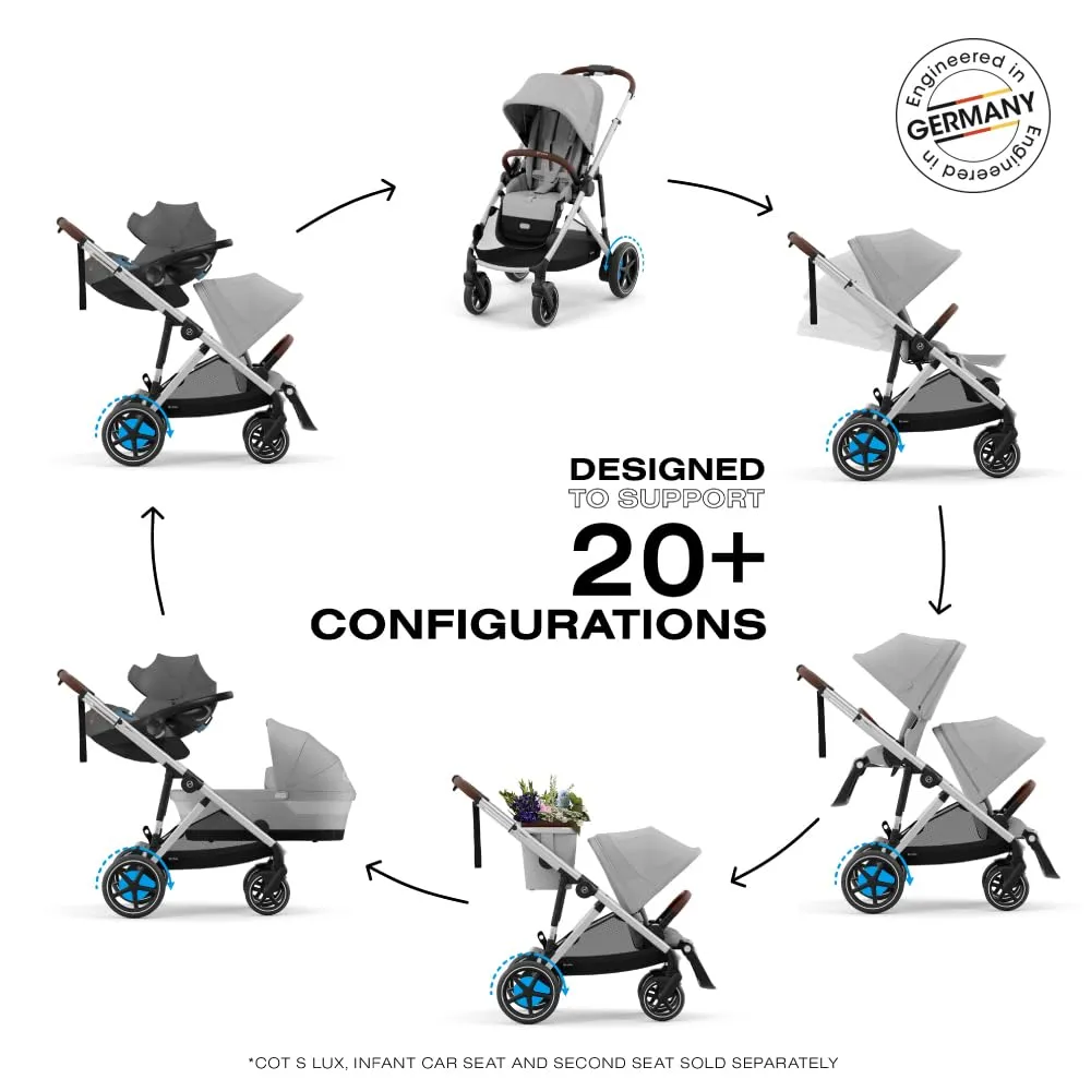 Cybex e-Gazelle S Electronic Assist Stroller – Gazelle S Single-to-Double Electric Stroller, Smart Assist, Rocking Mode, 20  Configurations & Compact Fold, Stone Grey, Silver Frame