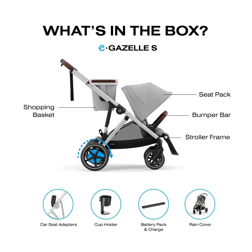 Cybex e-Gazelle S Electronic Assist Stroller – Gazelle S Single-to-Double Electric Stroller, Smart Assist, Rocking Mode, 20  Configurations & Compact Fold, Stone Grey, Silver Frame