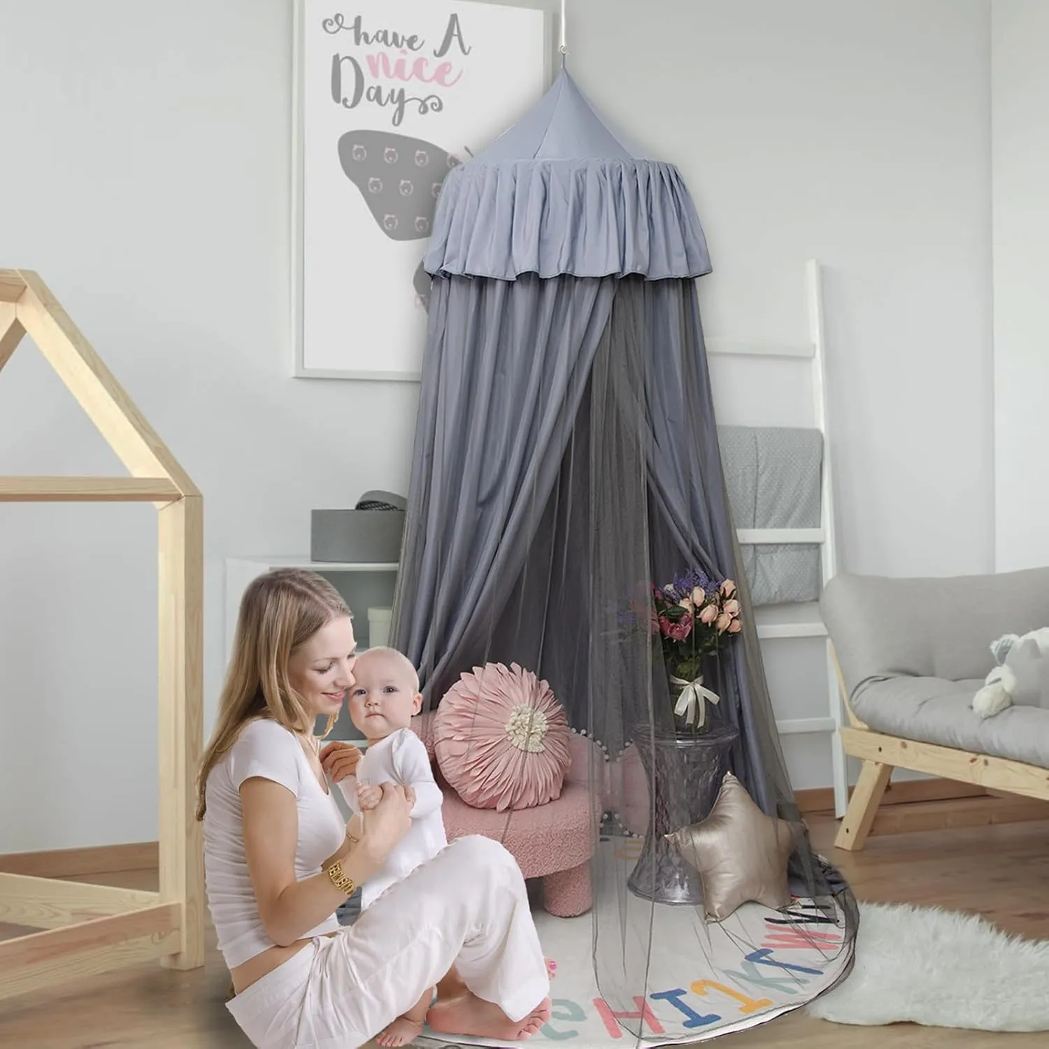 Daksha All-Seasons Princess Bed Canopy, Double-Layered Mosquito Net, Hanging Play Tent, Creating a Round Dome Princess Castle for Girls Room House Décor (Knight Gray)