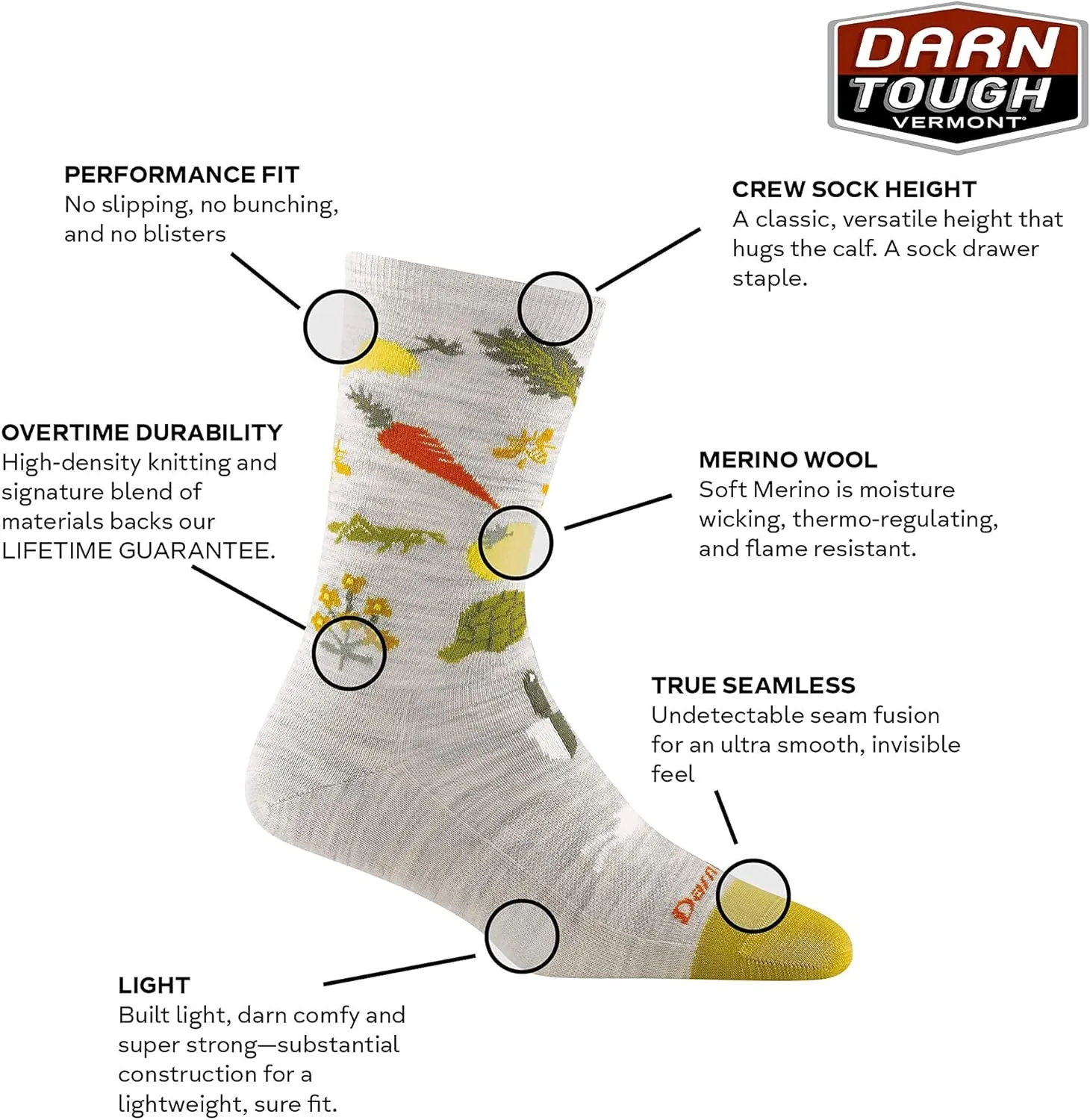 Darn Tough (Style 6054) Everyday Socks for Women, Farmer's Market Crew Lightweight Merino Wool Socks