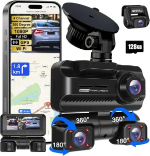 Dash Cam 4 Channel 360° Front Rear Inside DashCam, 4K Full HD Dashcam Car Camera, Built-in Wi-Fi GPS Dashcams, 3.18” IPS Screen, WDR Night Vision, 24H Parking Mode (Z700)