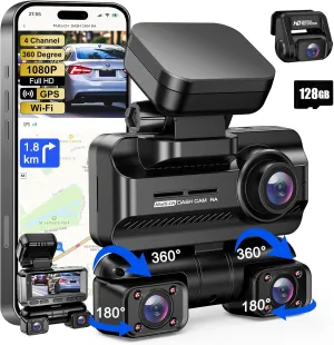 Dash Cam 4 Channel 360° Front Rear Inside DashCam, 4K Full HD Dashcam Car Camera, Free 128GB Card, Built-in Wi-Fi GPS Dashcams, 3.18” IPS Screen, WDR Night Vision, 24H Parking Mode (XJDC001)