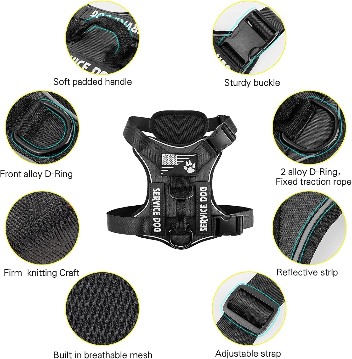 Demigreat Service Dog Harness, Reflective Dog Vest Harness with 5 PCS Patches, Adjustable Soft Oxford Pet Harness, Inner Layer Mesh, Easy to Control for Dogs
