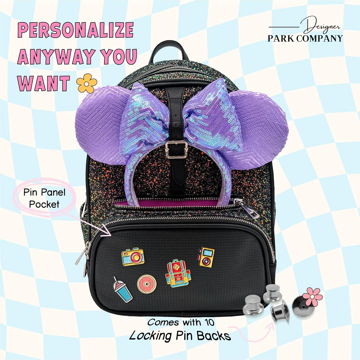 DESIGNER PARK COMPANY - Rope Drop Backpack, Cute, Stylish, Leather Backpack, Theme Park or Travel, Girls Backpack w/Adjustable Strap, Hydration Kit & Locking Pins - Hocus Pocus