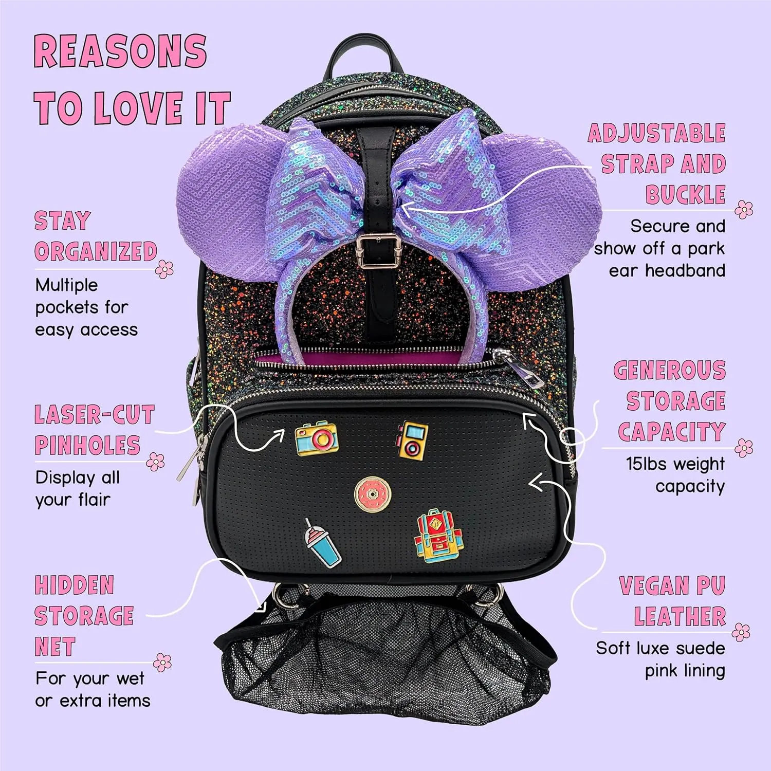DESIGNER PARK COMPANY - Rope Drop Backpack, Cute, Stylish, Leather Backpack, Theme Park or Travel, Girls Backpack w/Adjustable Strap, Hydration Kit & Locking Pins - Hocus Pocus