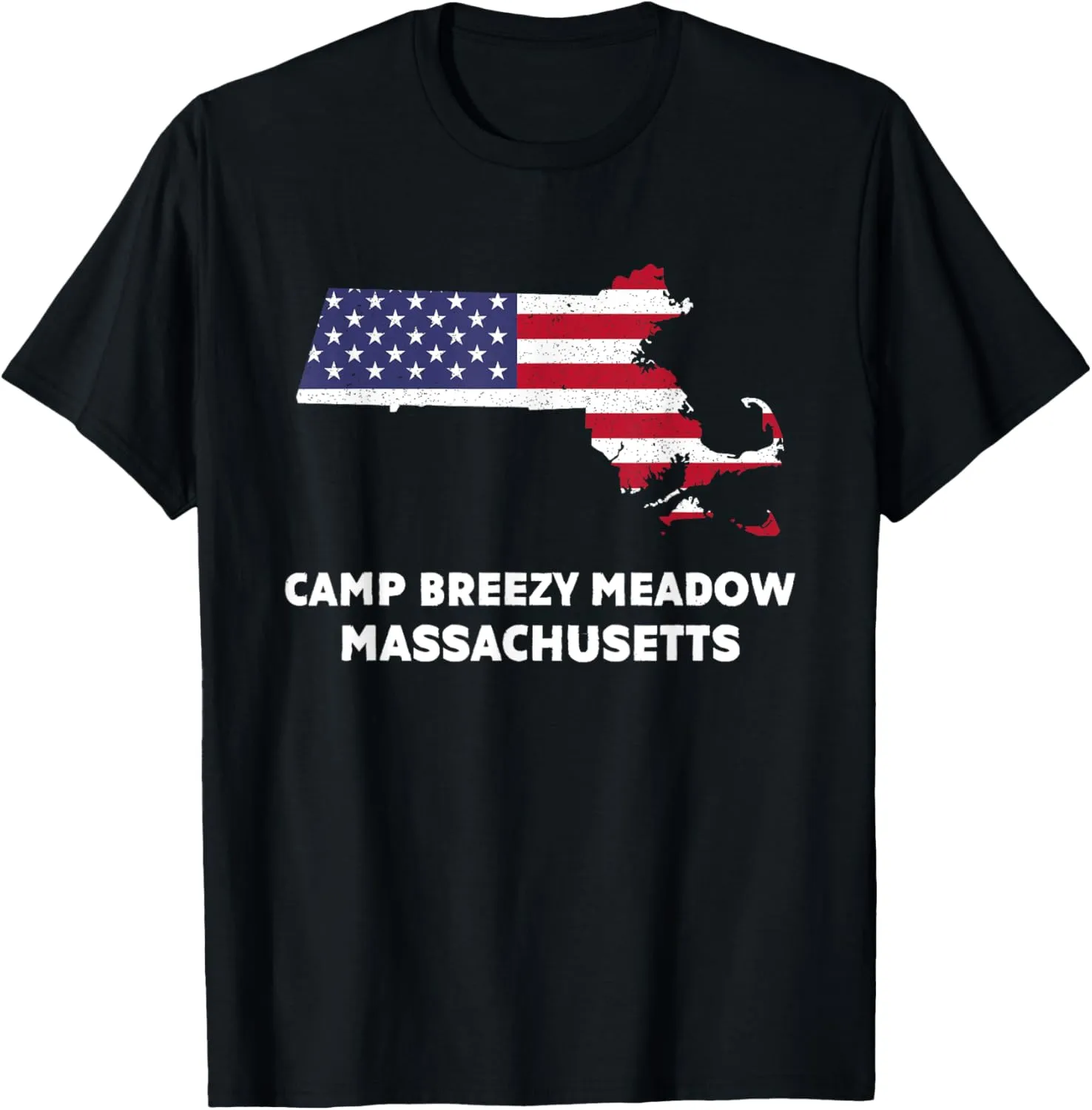 Distressed Patriotic USA Flag Camp Breezy Meadow, MA T-Shirt
