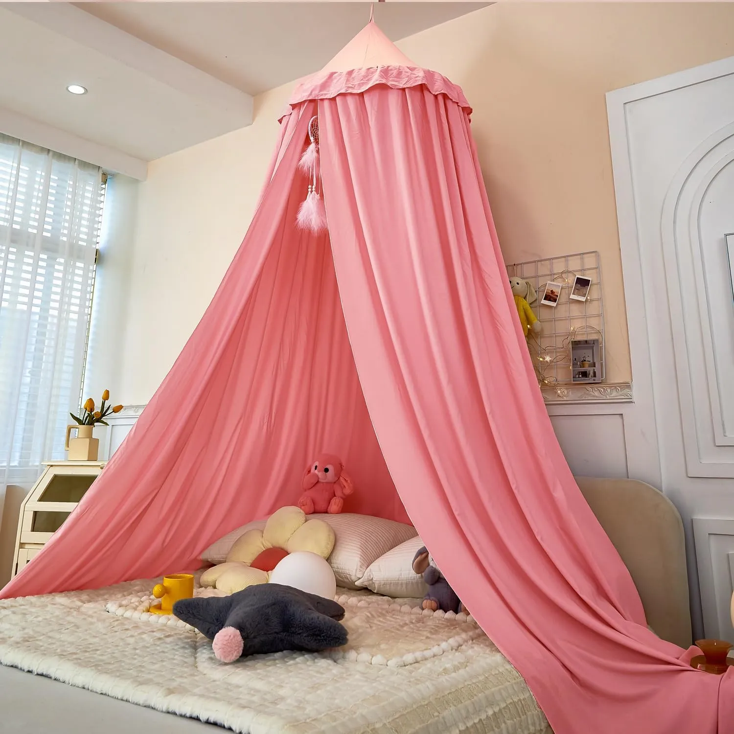 Dix-Rainbow Princess Bed Canopy for Kids, Soft and Durable Dreamy Mosquito Net Bedding, Girls Room Tent, Children Reading Nook Indoor Decor (Coral Pink)