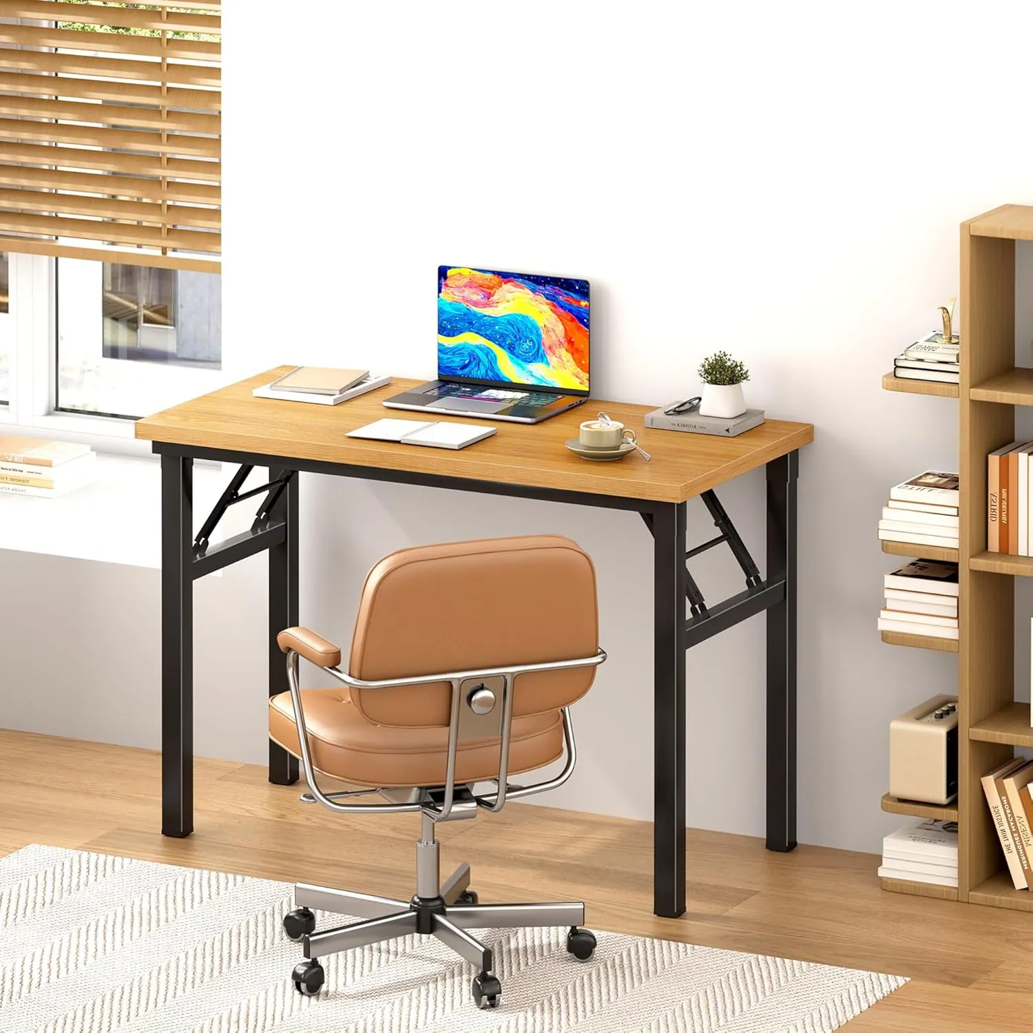 DlandHome 31.5 inches Small Computer Desk for Home Office Folding Table Writing Table for Small Spaces Study Table Laptop Desk No Assembly Required Teak and Black DND-AC5BB-8040