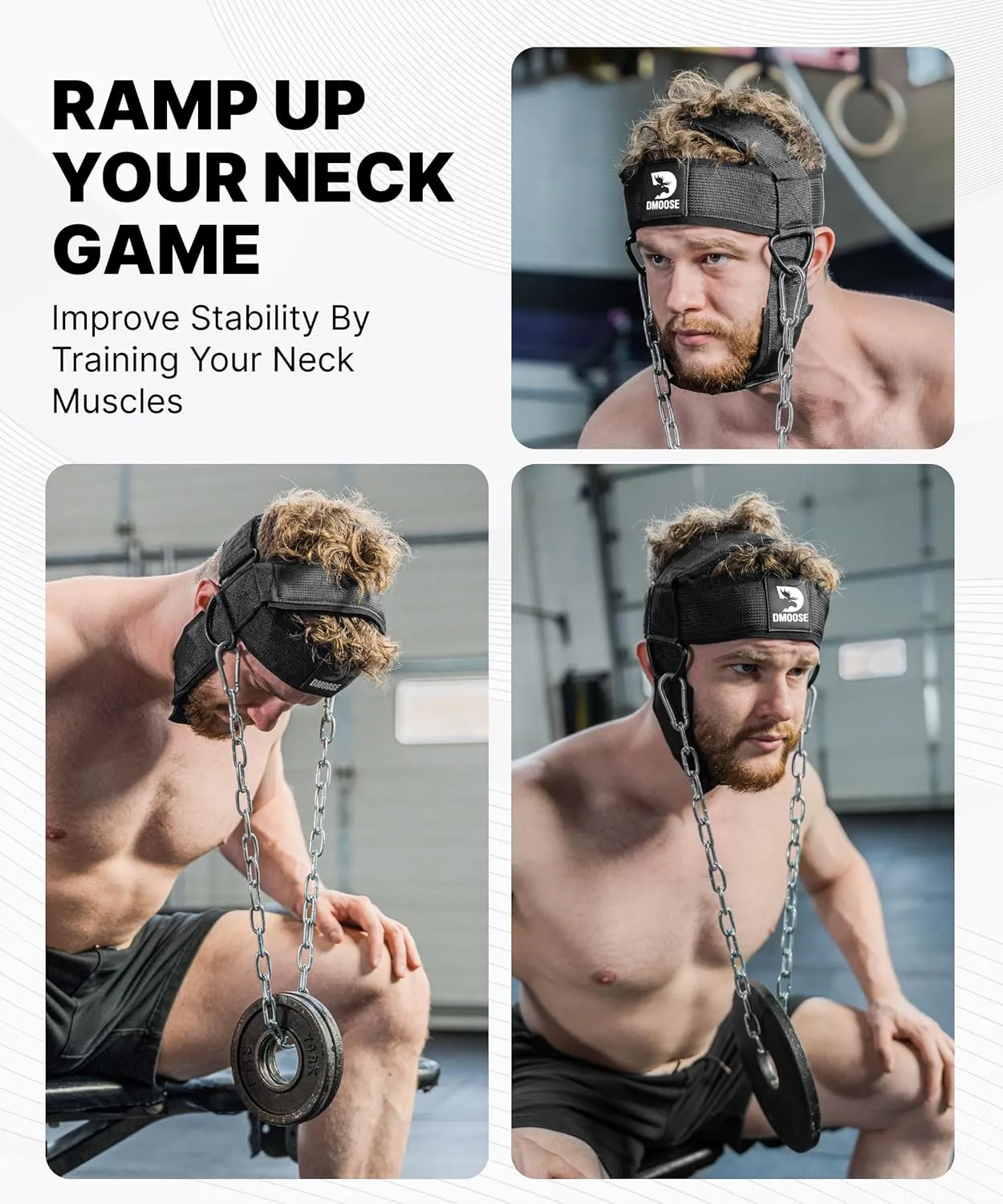 DMoose Fitness Neck Harness for Weight Lifting - Adjustable Head & Chin Strap with 30" Heavy Duty Steel Chain - Neck Exerciser, Trainer & Strengthener to Support Injury Recovery & Intense Workouts