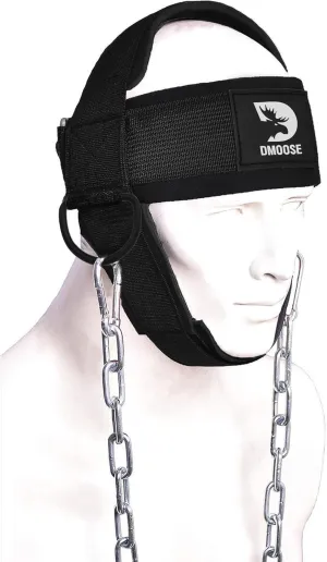 DMoose Fitness Neck Harness for Weight Lifting - Adjustable Head & Chin Strap with 30" Heavy Duty Steel Chain - Neck Exerciser, Trainer & Strengthener to Support Injury Recovery & Intense Workouts