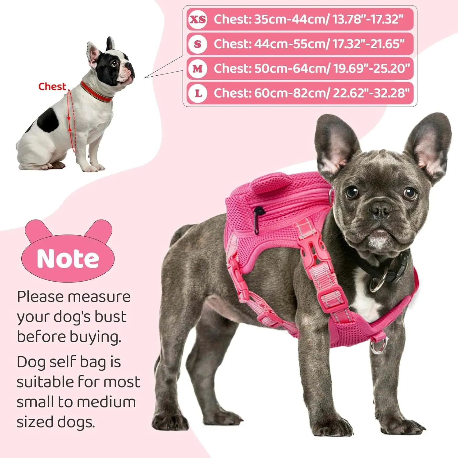 Dog Harness with Backpack, Adjustable Dog Backpack Harness for Small Medium Dogs, No-Pull Breathable Backpacks for Dogs to Wear, for Traveling, Hiking, Camping, Training, Pink L