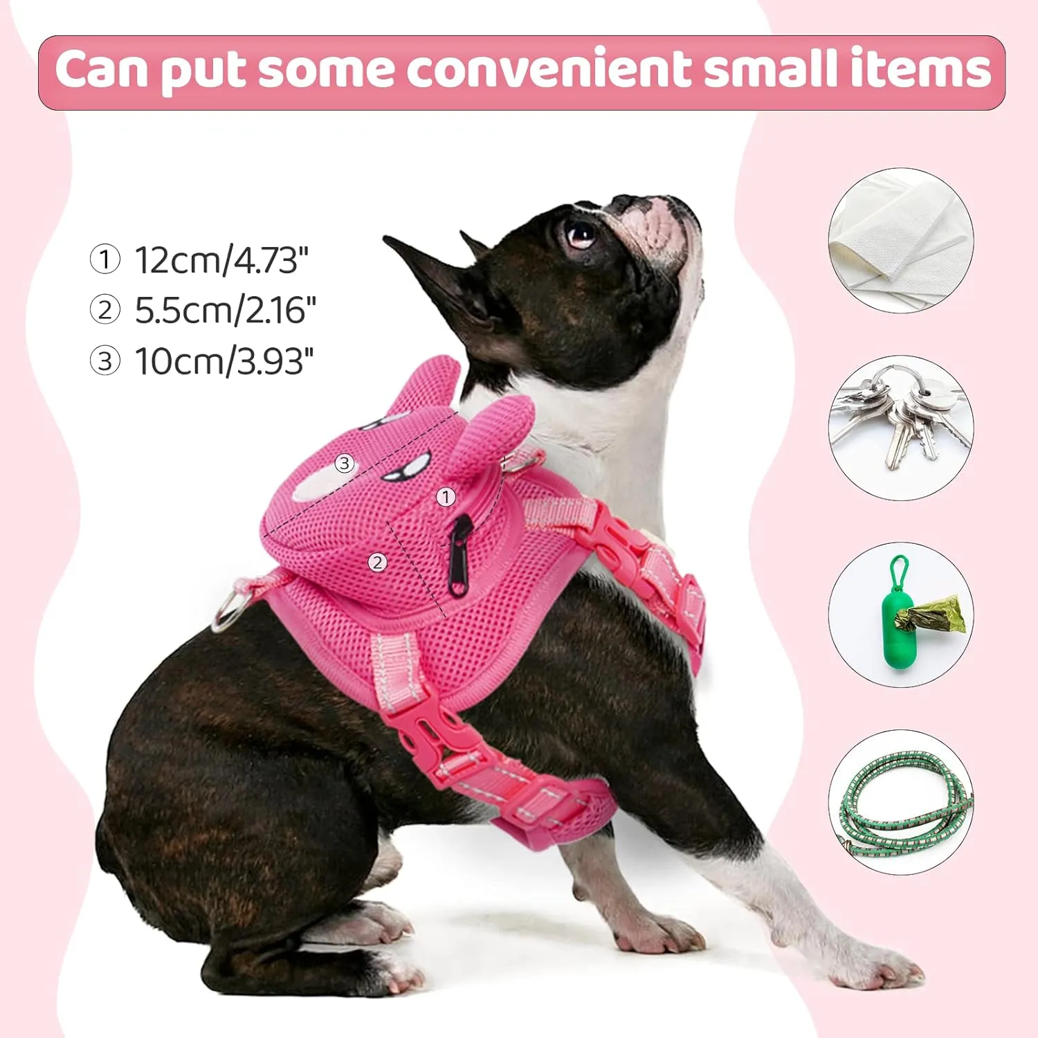 Dog Harness with Backpack, Adjustable Dog Backpack Harness for Small Medium Dogs, No-Pull Breathable Backpacks for Dogs to Wear, for Traveling, Hiking, Camping, Training, Pink L