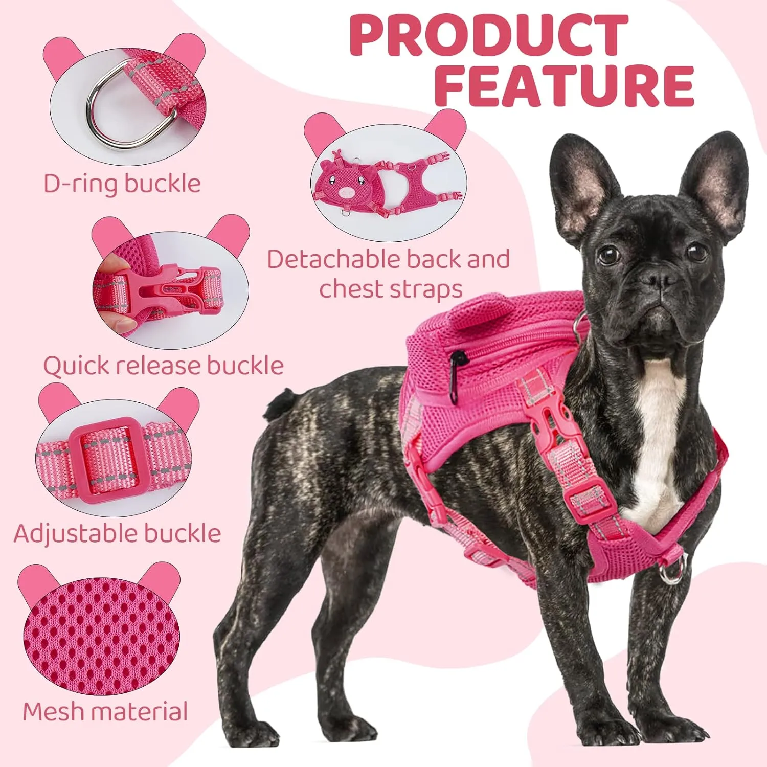 Dog Harness with Backpack, Adjustable Dog Backpack Harness for Small Medium Dogs, No-Pull Breathable Backpacks for Dogs to Wear, for Traveling, Hiking, Camping, Training, Pink L