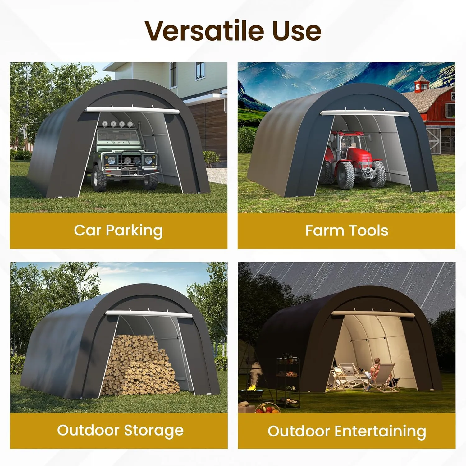 Domed Carport, Portable Garage with 2 Roll up Doors, Heavy Duty Car Canopy Party Tent