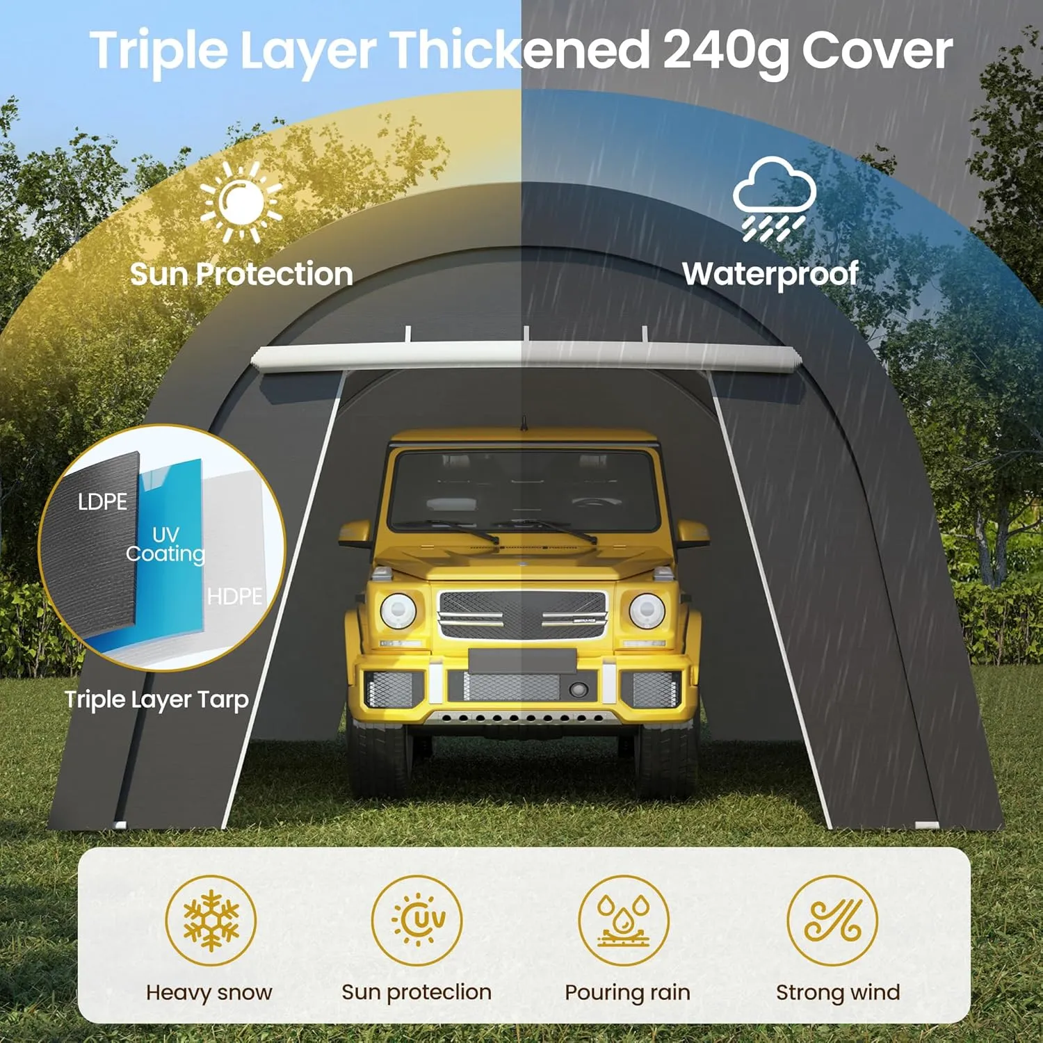 Domed Carport, Portable Garage with 2 Roll up Doors, Heavy Duty Car Canopy Party Tent