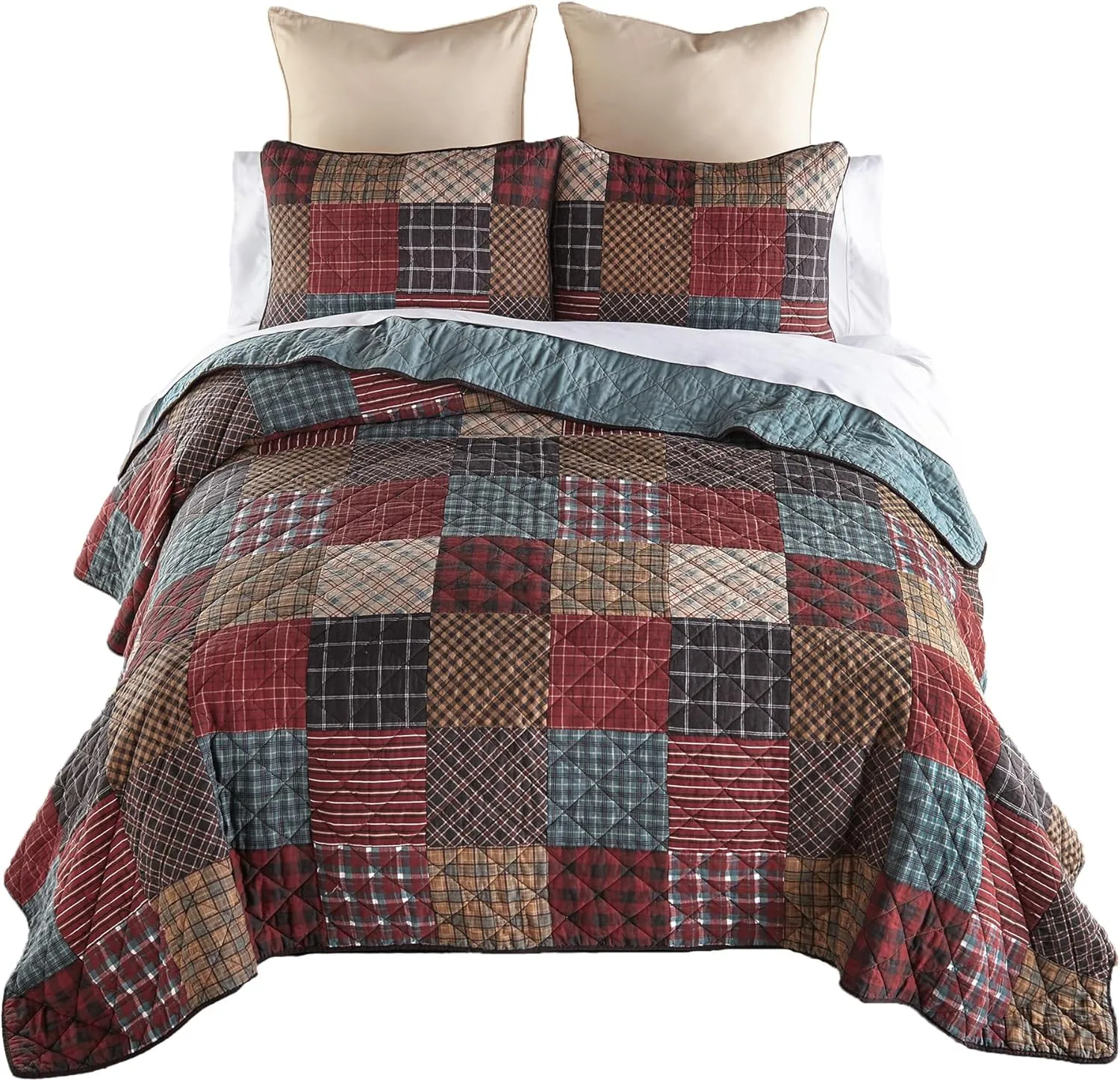 Donna Sharp Appalachia Plaid Cotton Pieced Patchwork Quilted Bedding Set - 3-Piece Queen Size Quilt Set - Includes 1 Quilt and 2 Pillow Shams - Machine Washable - Perfect for Rustic Decor