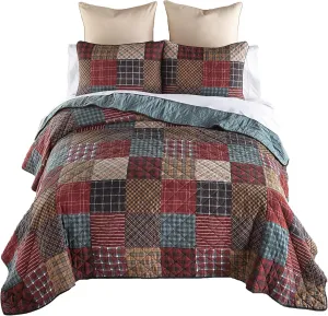 Donna Sharp Appalachia Plaid Cotton Pieced Patchwork Quilted Bedding Set - 3-Piece Queen Size Quilt Set - Includes 1 Quilt and 2 Pillow Shams - Machine Washable - Perfect for Rustic Decor