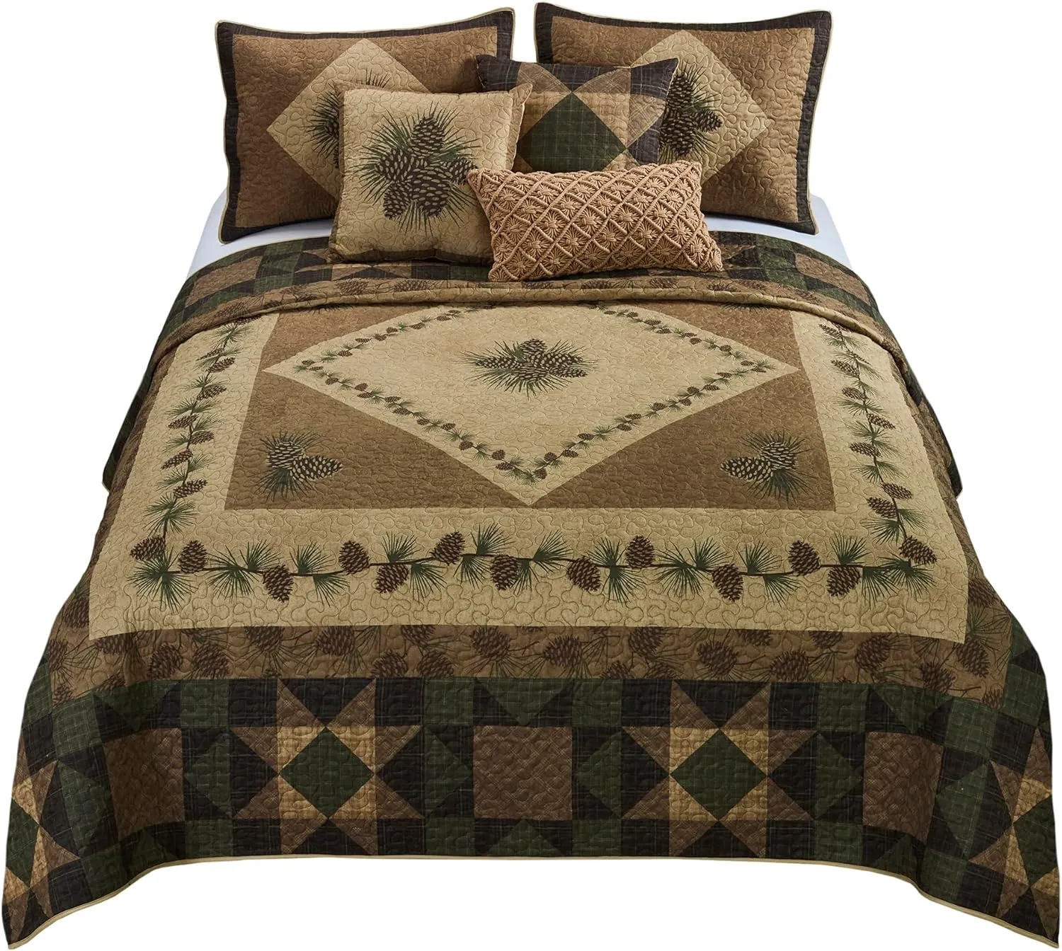 Donna Sharp Queen Bedding Set - 4 Piece - Antique Pine Lodge Quilt Set with Queen Quilt, Two Standard Pillow Shams and One Decorative Pillow - Machine Washable