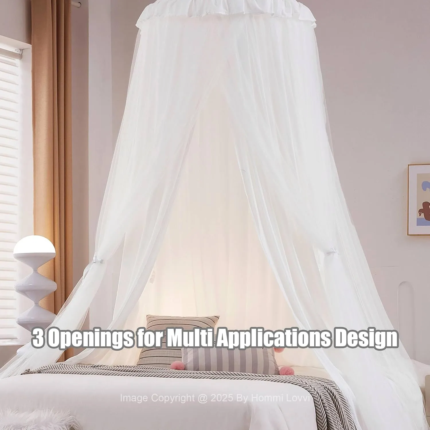 Double Layers Bed Canopy with Star Lights, 3 Pieces Layers Canopy for Girls Bed, Princess Round Dome Dreamy Play Tent, Hanging Kids Reading Nook Mosquito Net, Machine Washable - White