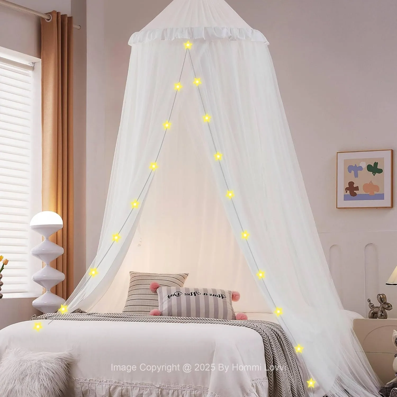 Double Layers Bed Canopy with Star Lights, 3 Pieces Layers Canopy for Girls Bed, Princess Round Dome Dreamy Play Tent, Hanging Kids Reading Nook Mosquito Net, Machine Washable - White