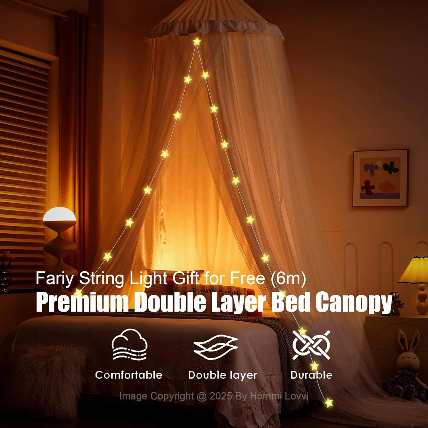 Double Layers Bed Canopy with Star Lights, 3 Pieces Layers Canopy for Girls Bed, Princess Round Dome Dreamy Play Tent, Hanging Kids Reading Nook Mosquito Net, Machine Washable - White