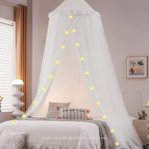 Double Layers Bed Canopy with Star Lights, 3 Pieces Layers Canopy for Girls Bed, Princess Round Dome Dreamy Play Tent, Hanging Kids Reading Nook Mosquito Net, Machine Washable - White