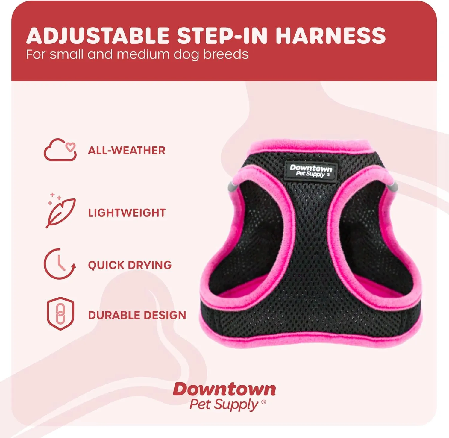 Downtown Pet Supply Step in Dog Harness for Small Dogs No Pull, X-Small, Black w/Pink Trim - Adjustable Harness with Padded Mesh Fabric and Reflective Trim - Buckle Strap Harness for Dogs