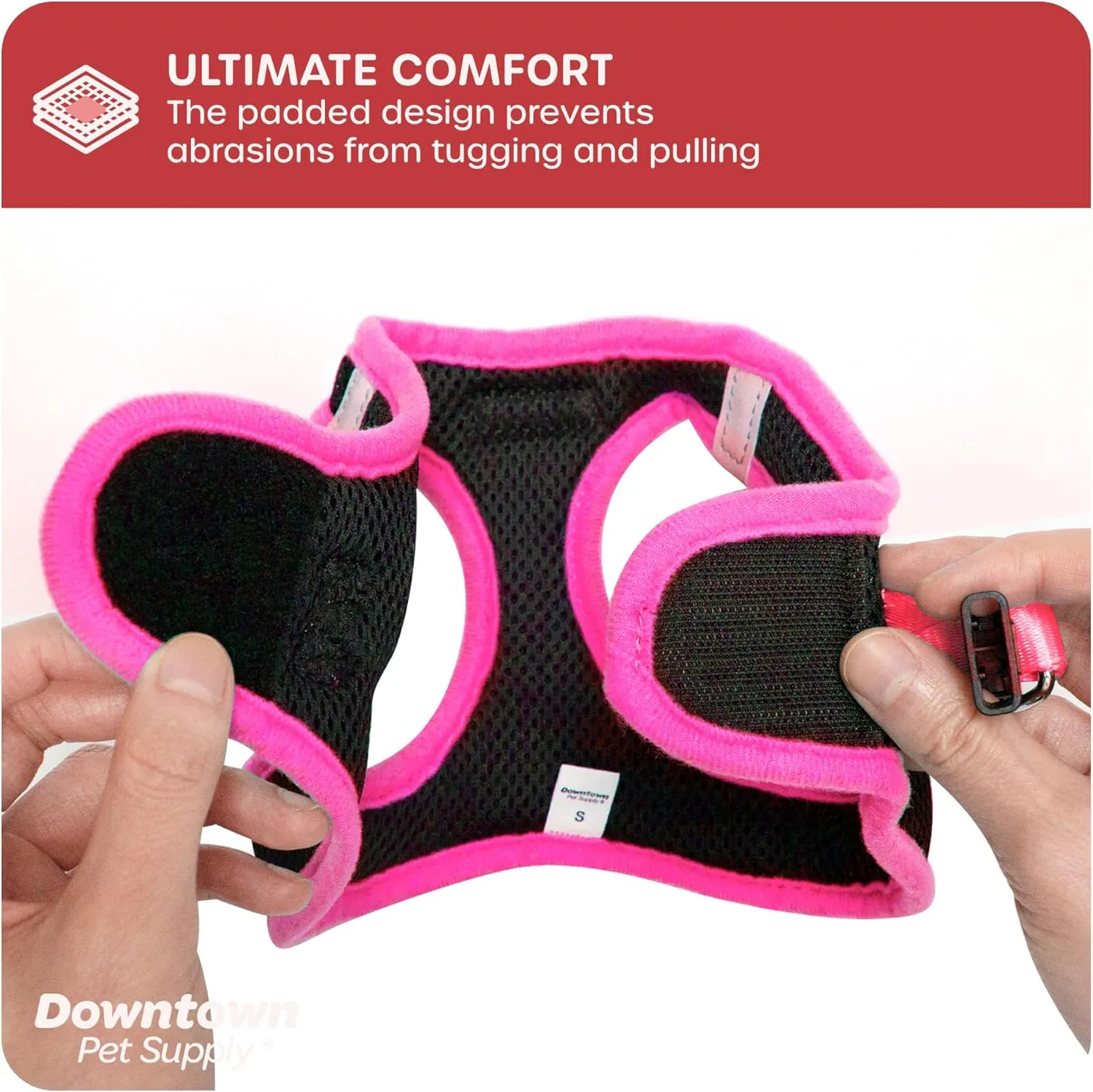Downtown Pet Supply Step in Dog Harness for Small Dogs No Pull, X-Small, Black w/Pink Trim - Adjustable Harness with Padded Mesh Fabric and Reflective Trim - Buckle Strap Harness for Dogs