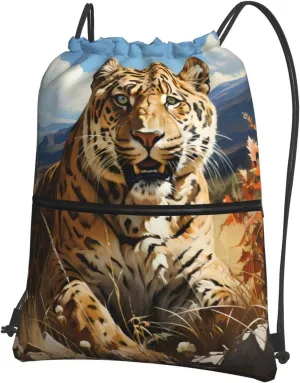 Drawstring Backpack with Zip Pockets, Leopard in search of prey Print Lightweight string Bag Travel Gym Sack, Hiking, Yoga
