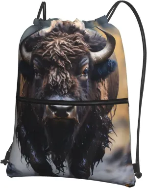 Drawstring Backpack with Zip Pockets, North American bison Print Lightweight string Bag Travel Gym Sack, Hiking, Yoga