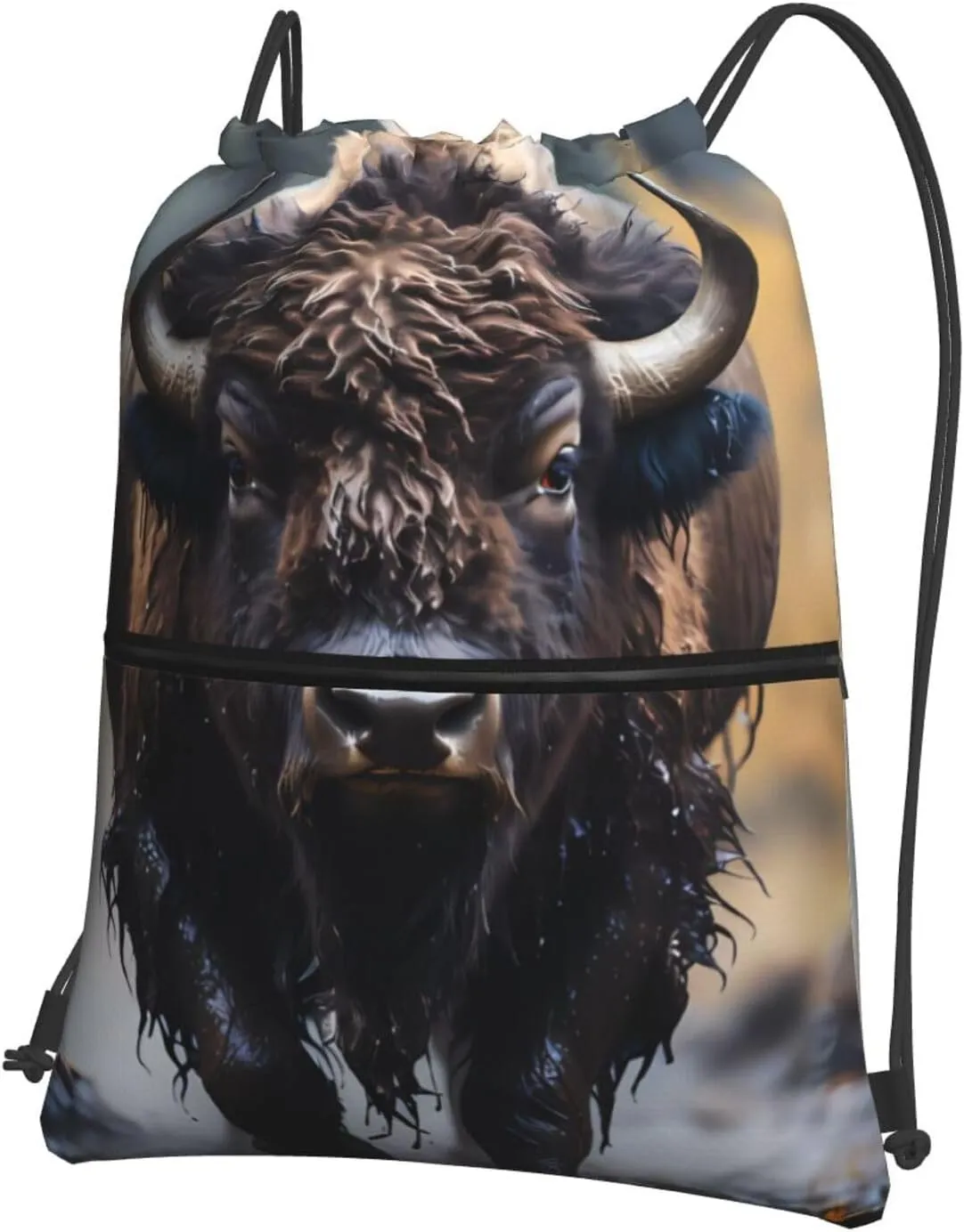 Drawstring Backpack with Zip Pockets, North American bison Print Lightweight string Bag Travel Gym Sack, Hiking, Yoga