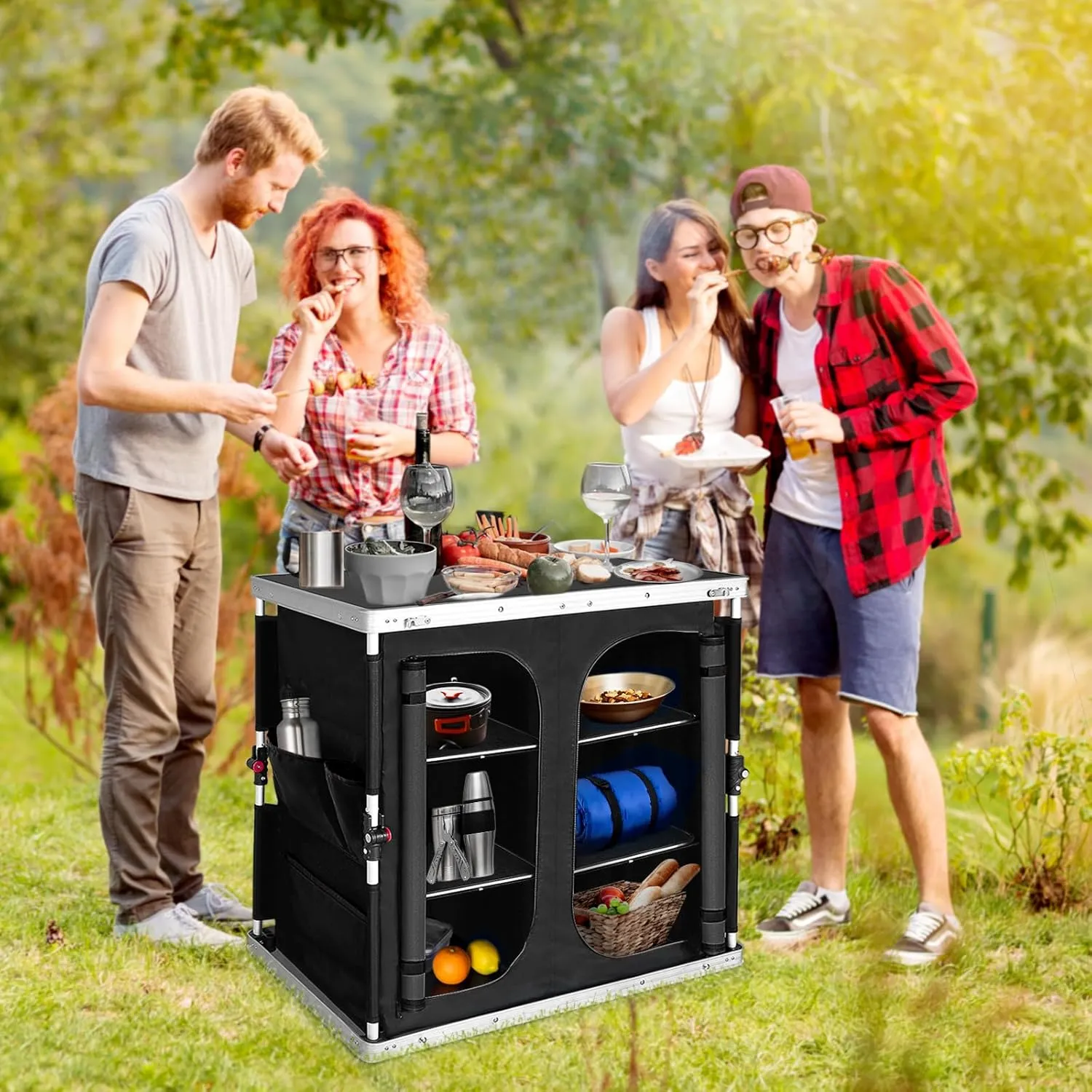 EAGLE PEAK Double Outdoor Folding Camping Table with Large 3-Tier Storage Organizer and Side Pockets, Easy Set Up Portable Aluminum Camping Kitchen, Black