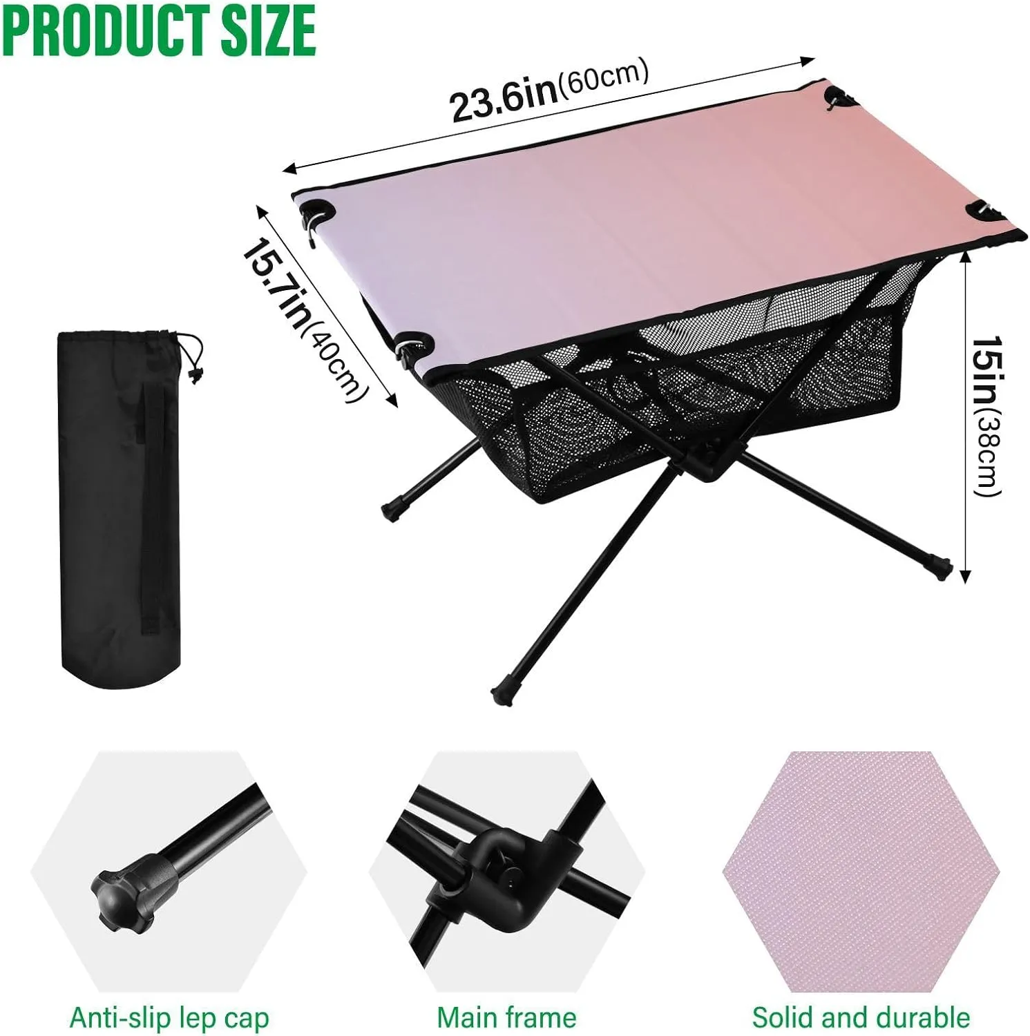 Emelivor Pink Gradient Folding Camping Table Portable Beach Table with Carry Bag Small Foldable Table for Outdoor Hiking Camping Picnic Travel