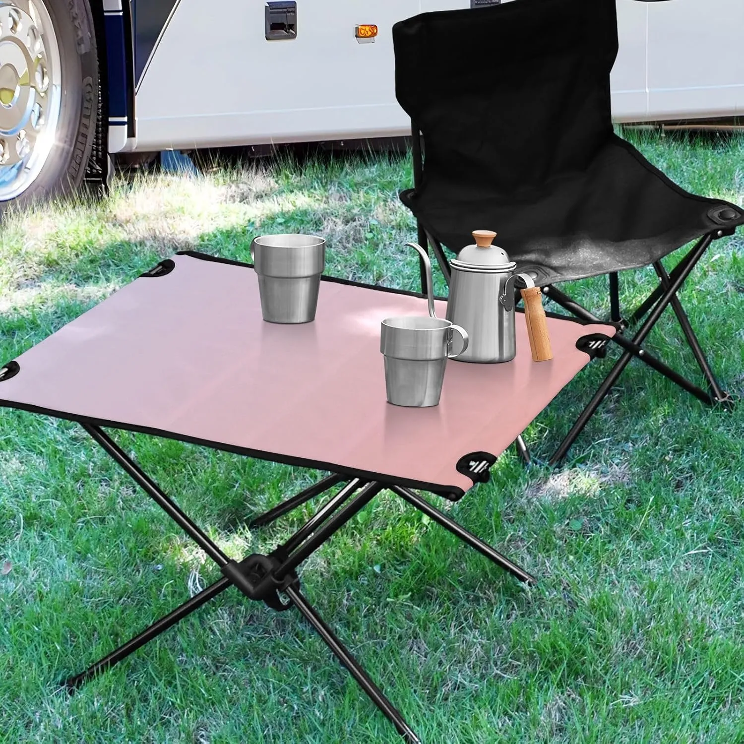 Emelivor Pink Gradient Folding Camping Table Portable Beach Table with Carry Bag Small Foldable Table for Outdoor Hiking Camping Picnic Travel