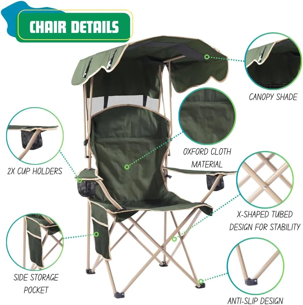 EZONE Folding Canopy Camp Chair for Outdoors Shade Canopy Portable Chair Camping, Tailgates, Beach, Pool, Lawn Chair Sunshade Travel Chair Folding Camping Chair (Upgraded - Olive Green)