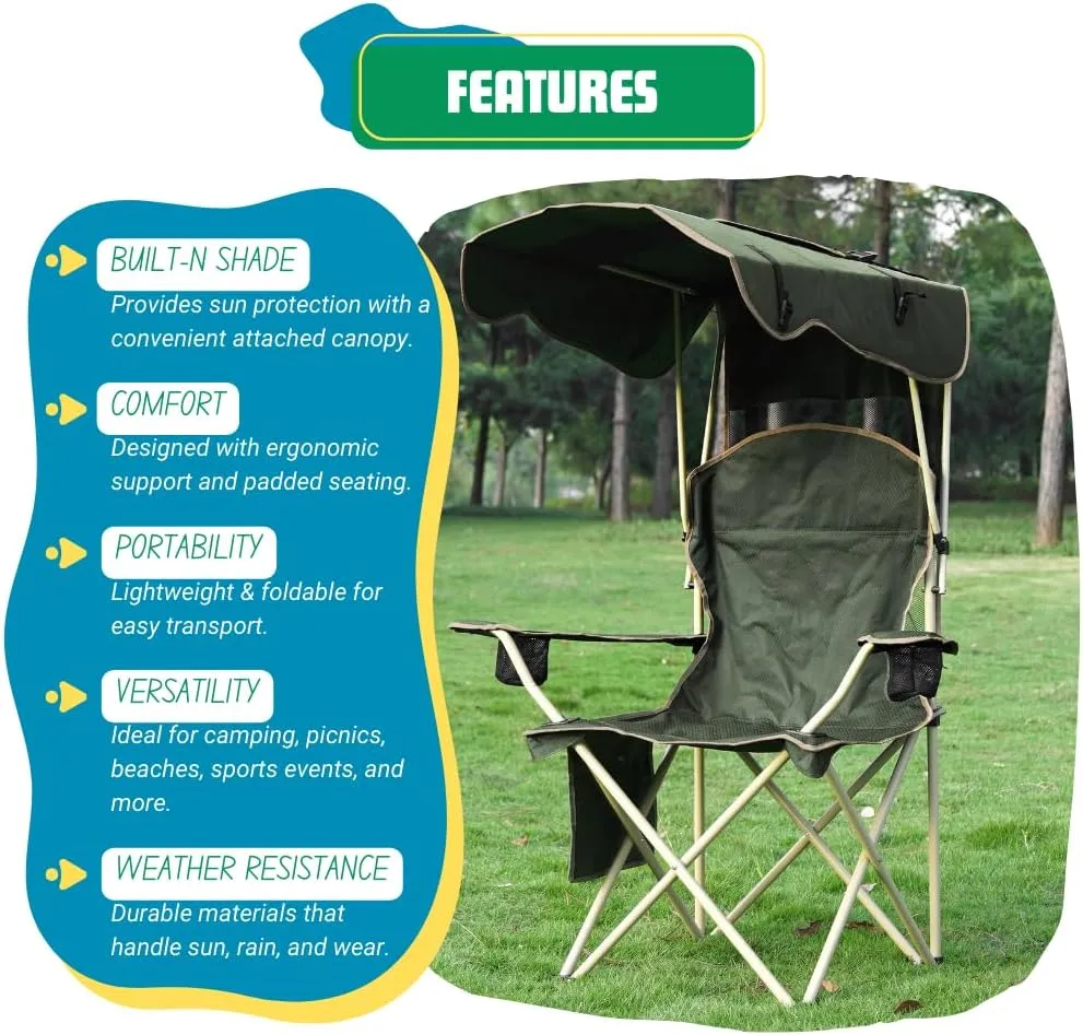 EZONE Folding Canopy Camp Chair for Outdoors Shade Canopy Portable Chair Camping, Tailgates, Beach, Pool, Lawn Chair Sunshade Travel Chair Folding Camping Chair (Upgraded - Olive Green)