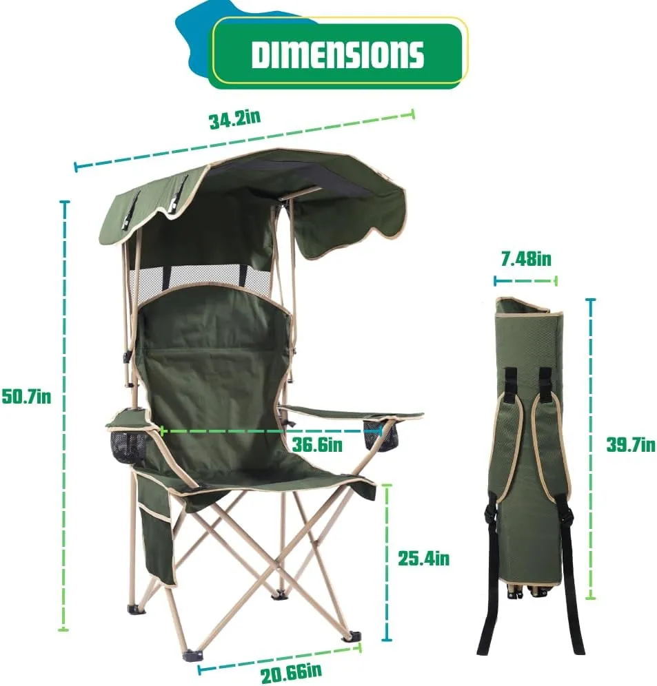 EZONE Folding Canopy Camp Chair for Outdoors Shade Canopy Portable Chair Camping, Tailgates, Beach, Pool, Lawn Chair Sunshade Travel Chair Folding Camping Chair (Upgraded - Olive Green)