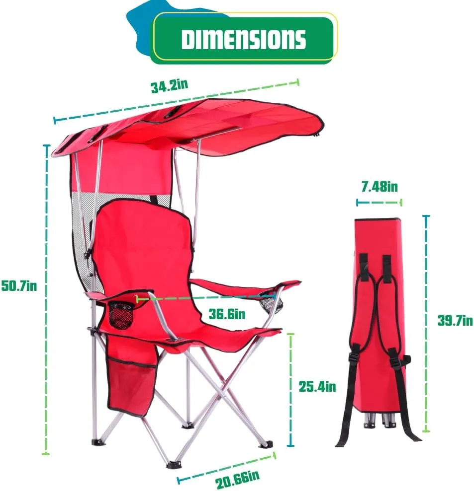 EZONE Folding Canopy Camp Chair for Outdoors Shade Canopy Portable Chair Camping, Tailgates, Beach, Pool, Lawn Chair Sunshade Travel Chair Folding Camping Chair (Upgraded - Red)