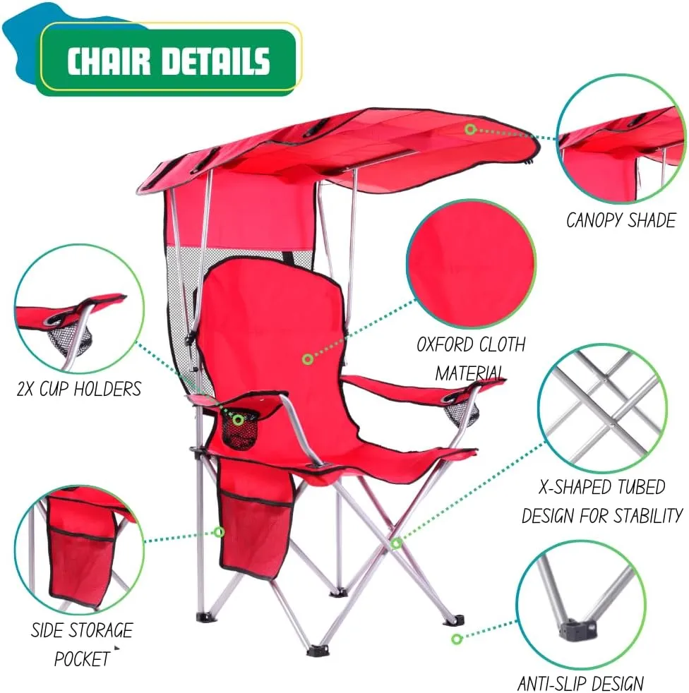 EZONE Folding Canopy Camp Chair for Outdoors Shade Canopy Portable Chair Camping, Tailgates, Beach, Pool, Lawn Chair Sunshade Travel Chair Folding Camping Chair (Upgraded - Red)
