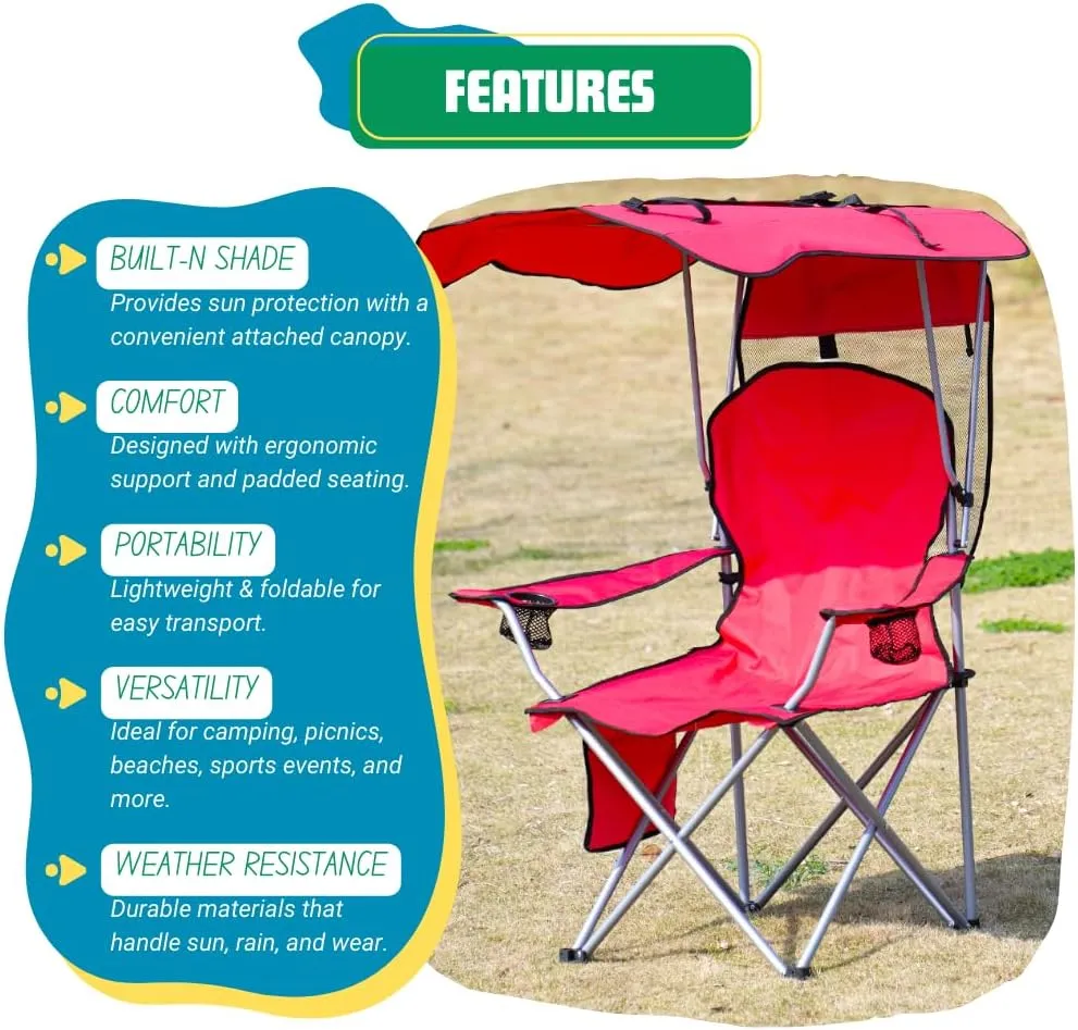 EZONE Folding Canopy Camp Chair for Outdoors Shade Canopy Portable Chair Camping, Tailgates, Beach, Pool, Lawn Chair Sunshade Travel Chair Folding Camping Chair (Upgraded - Red)