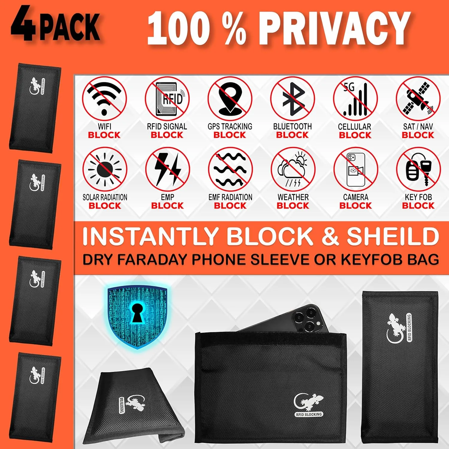 Faraday Bag Anti-Tracking GPS RFID Car Key Signal Blocker Wallet Shielding Pouch Protective Case for Cell Phone Car Key FOB, Data Privacy, Electronic Device Security (4 PACK - BLACK)