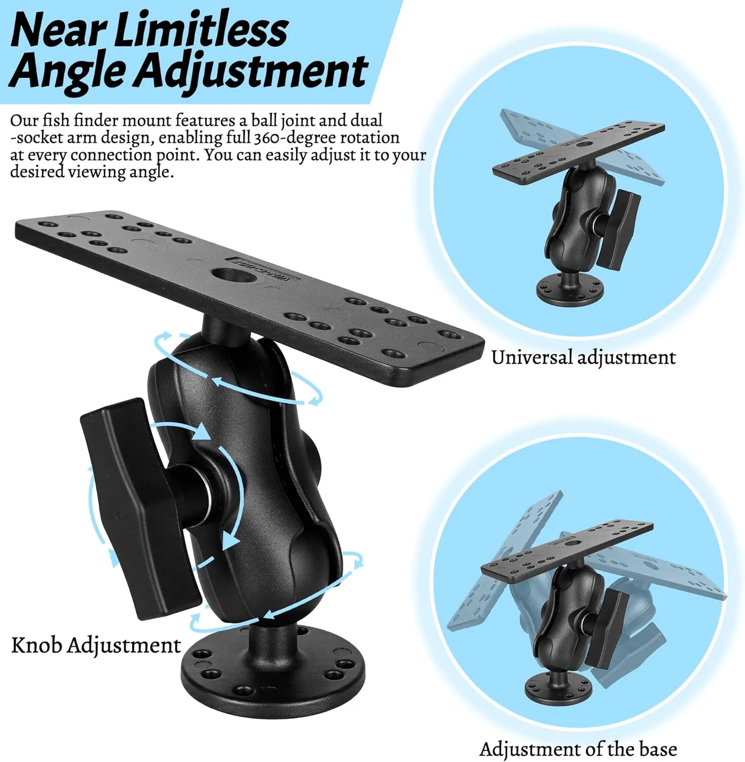 Fish Finder Mount with C Size 1.5" / 38mm Ball, 3.42" Aluminum Arm Marine Electronics/Depth Finder Mount, High Salt Water Resistant,Compatible with Garmin, Lowrance, and More