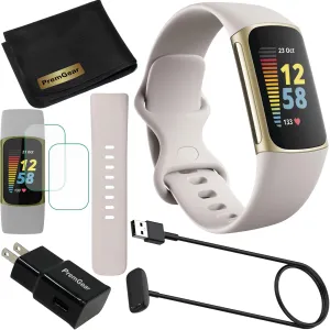 Fitbit Charge 5 Advanced Fitness & Health Tracker (White) with Built-in GPS, Stress Management Tools, Bundle with 2 Watch Bands, 3.3foot Charge Cable, Wall Adapter, Screen Shield & PremGear for Fitbit