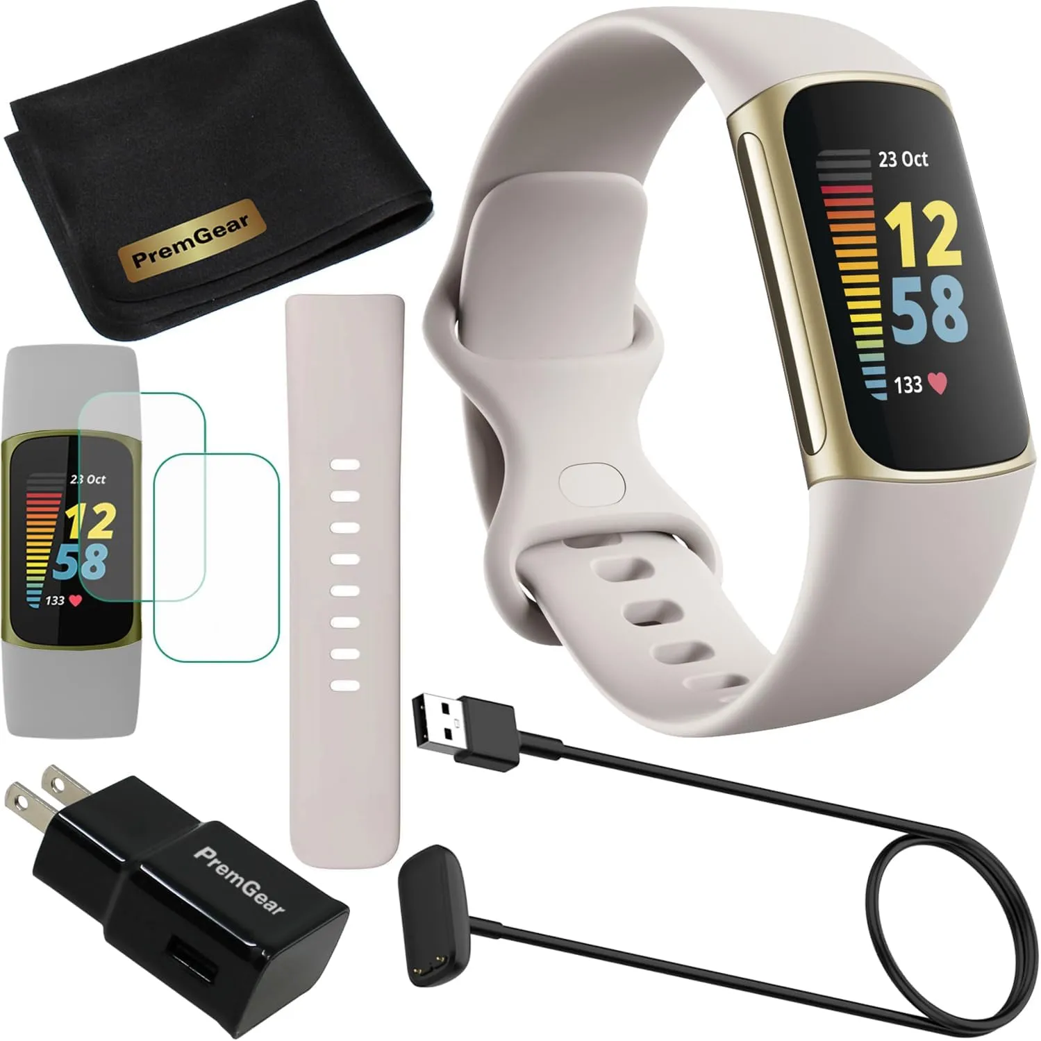 Fitbit Charge 5 Advanced Fitness & Health Tracker (White) with Built-in GPS, Stress Management Tools, Bundle with 2 Watch Bands, 3.3foot Charge Cable, Wall Adapter, Screen Shield & PremGear for Fitbit