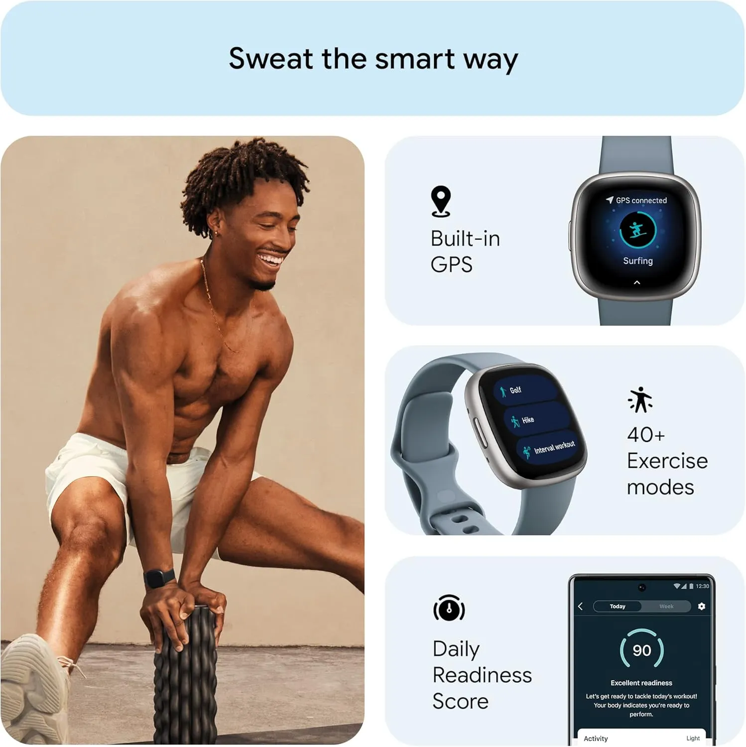 Fitbit Versa 4 Fitness Smartwatch with Daily Readiness, GPS, 24/7 Heart Rate, 40  Exercise Modes, Sleep Tracking and more, Waterfall Blue/Platinum, One Size (S & L Bands Included)