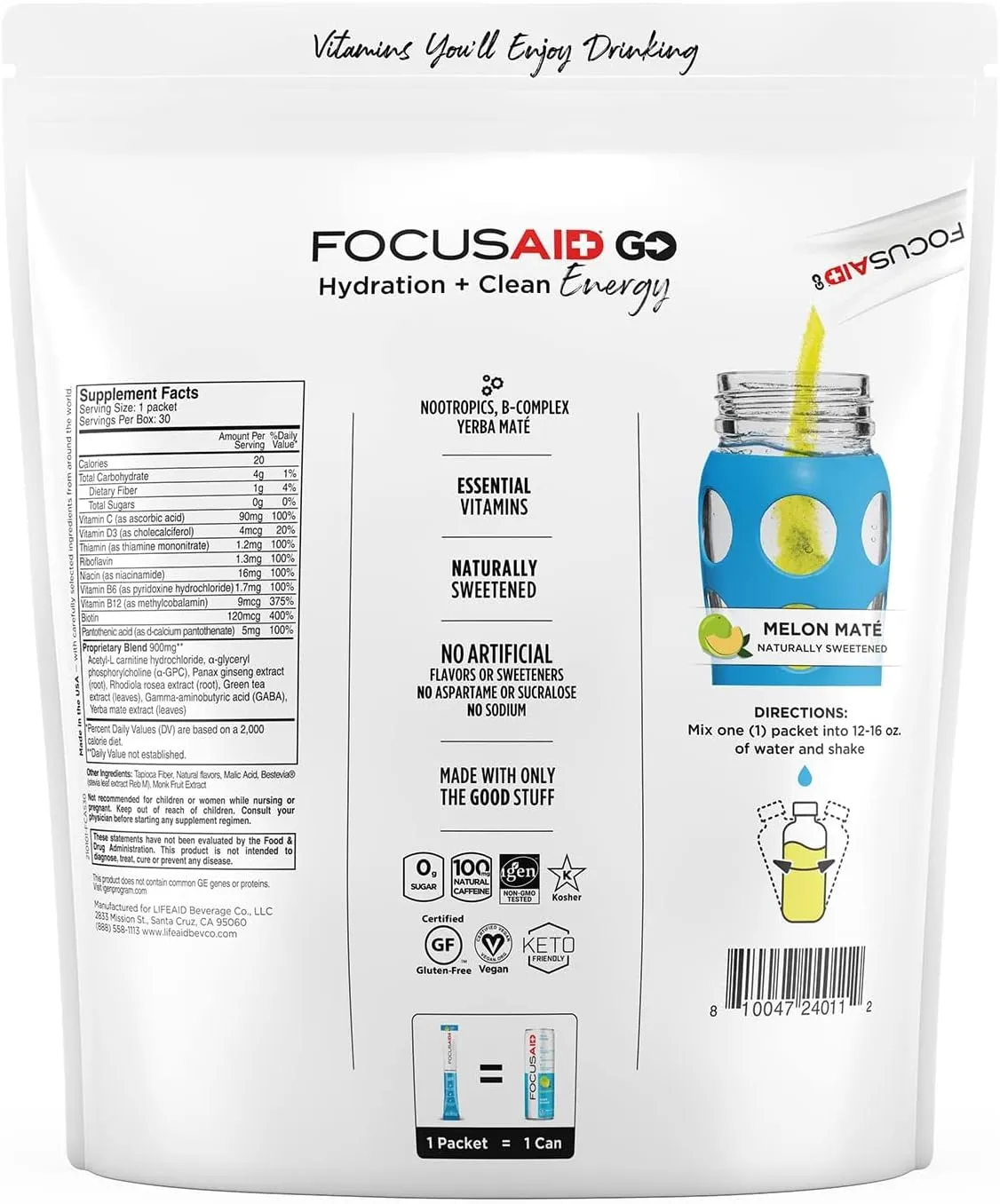 FOCUSAID GO Nootropics Energy Blend, Zero Sugar, Alpha-GPC, GABA, B-Complex, Yerba Mate, Green Tea, Keto Friendly, 100mg Caffeine, 30 Count (Pack of 1)